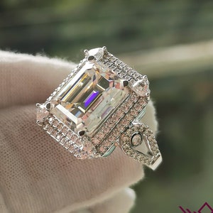 6 Carat D Colorless Emerald Cut Double Halo VVS Moissanite Ring - Custom Order