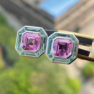 Asscher Cut Pink Color Halo Push Back Moissanite Earrings