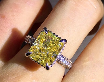 5 Carat Radiant Cut Moissanite Ring Vivid Yellow VVS Hidden Halo Bead-set Pave