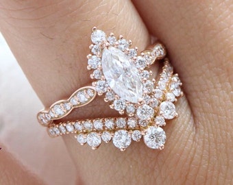 Marquise Cut DEF Colorless Halo Scalloped Shank Bridal Set Chevron Band VVS Moissanite Ring