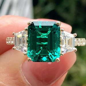 Three-Stone Lab Grown Colombian Emerald Cut Cathedral French Pave Ring