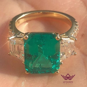 5 Carat Radiant Cut Three Stone French Pave Lab Grown Colombian Emerald Ring