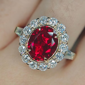 5 Carat Red Oval Cut Lab Grown Ruby Starburst Halo Pinched Cathedral VVS Ring - 14K Gold Custom Order