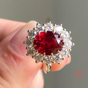 5 Carat Red Oval Cut Lab Grown Ruby Starburst Halo Pinched Cathedral VVS Ring