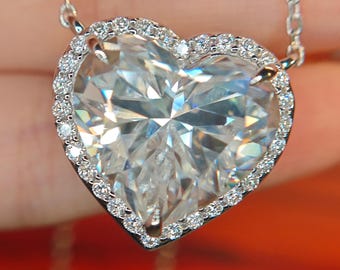 12 Carat Heart Moissanite Halo Necklace - 14K White Gold