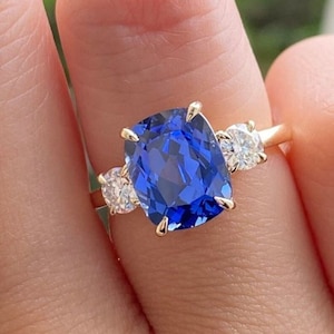 Cushion Cut Blue Three Stone Basket Lab Grown Sapphire Ring