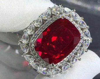 HUGE 10 Carat VVS Cushion cut Red Lab Grown Ruby Double Halo Ring