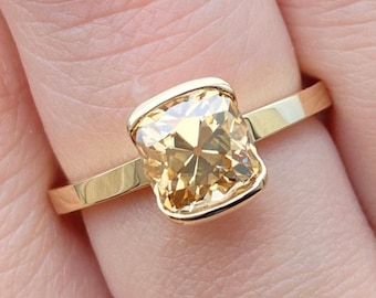 Square Cushion Cut Yellow Color Solitaire Straight Shank Moissanite Ring