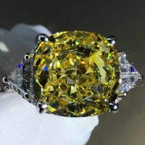 6 Carat Cushion Cut Moissanite Ring Vivid Yellow VVS Three Stone Cathedral Bead-set