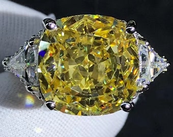 Cute 6 Carat Cushion Cut Moissanite Ring Vivid Yellow VVS Three-stone