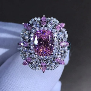 Lovely 2 Carat Pink Cushion Cut Triple Halo Split Shank VVS Moissanite Ring