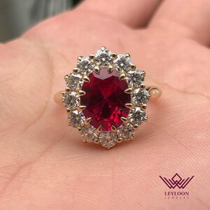 5 Carat Oval Cut Red Halo Starburst Cathedral VVS Lab Grown Ruby Ring