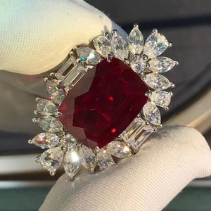 BIG 18 Carat VVS Cushion Cut Red Lab Ruby Double Halo Ring