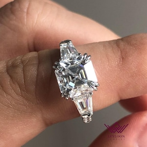 3.3 Carat 8.5mm Asscher Cut D Color Three Stone Moissanite Ring