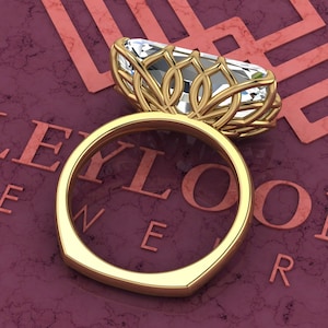 9.5 Carat Elongated Radiant Cut Tulip Set 12 Prong Solitaire Euro Shank D Color Moissanite Ring