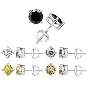 0.5 Carat, 1 Carat & 2 Carat Round Cut Black, Yellow, DEF Colorless, Champagne 4-Prong Basket Vermeil Screw Back GRA Moissanite Stud Earring