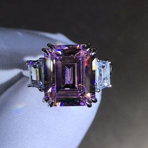 5 Carat Emerald Cut Pink Double Prong Three Stone VVS  Moissanite Ring