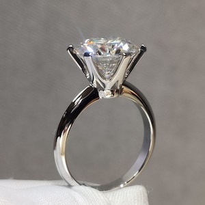 5 Carat Round Cut Moissanite Ring 6 Prong Solitaire Pinched Shank Certified D Color