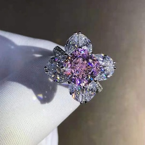 5 Carat Pink Cushion Marquise Cut 9 Stone Flower Halo Bead-set Moissanite Ring