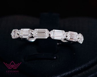 Emerald Cut Half Eternity Band DEF Colorless VVS Moissanite Ring