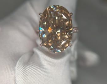 30 Carat Oval Cut I-J Near Colorless Hidden Halo Bead-set Cathedral Moissanite Ring - 14K Rose Gold Custom Order
