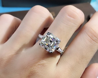 5 Carat Asscher Cut Moissanite Ring K-M Faint Color Three Stone Double Claw Cathedral
