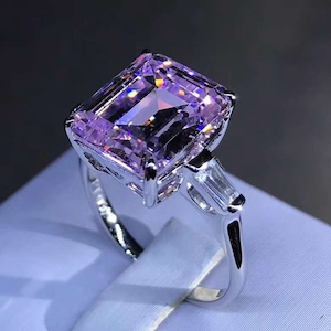 5 Carat Pink Emerald Cut Three Stone Basket VVS Moissanite Ring
