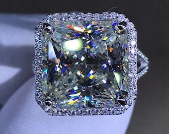 12 Carat Square Radiant Cut Moissanite Ring Rare K-M Faint Color  VVS Halo Split Shank