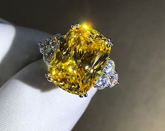 10 Carat Cushion Cut Moissanite Ring Vivid Yellow VVS 7 Stone