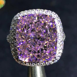 8 Carat Pink Cushion Cut Double Edge Halo Cathedral Pave Moissanite Ring
