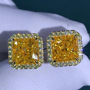 2 Carat Yellow Square Radiant Cut Halo VVS Moissanite Stud Earrings
