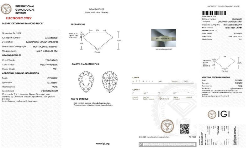 May include: A laboratory grown diamond report for a 7.30 carat pear modified brilliant diamond. The diamond is fancy vivid blue in color and has a VS1 clarity grade. The report includes grading results, clarity characteristics, additional grading information, and a key to symbols. The report is from the International Gemological Institute (IGI) and has the report number LG662483622.