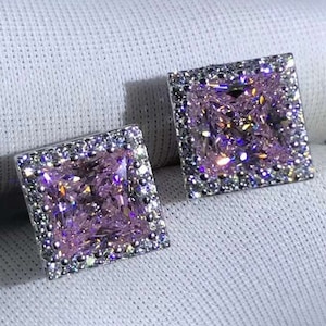 1 Carat Pink Square Radiant Cut Halo Moissanite Stud Earrings