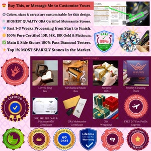 May include: A collage of images showcasing different types of jewelry boxes, including a heart-shaped ring box, a musical piano box, a surprise gift box, and a jewelry cleaning cloth. The image also includes various certifications and guarantees, such as "Handmade", "Certified", "Hypoallergenic", "Brilliant Quality", "Money Back Guarantee", "Lifetime Warranty", "Online Exclusive", and "Customer Service".