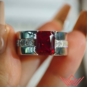 4 Carat Radiant Cut Lab Grown Red Ruby Ring – VVS Wide Band