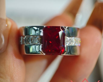 4 Carat Radiant Cut Lab Grown Red Ruby Ring – VVS Wide Band