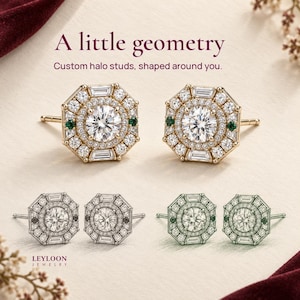 May include: Octagonal stud earrings featuring a central round stone surrounded by a halo of smaller round and baguette-cut stones, with two small green accent stones. Text reads: A little geometry. Custom halo studs, shaped around you. Leyloon Jewelry.