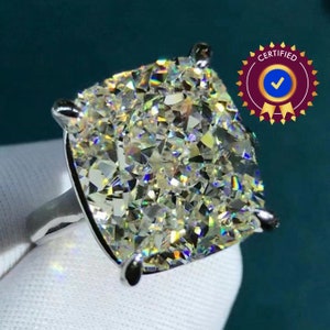 8 CTW K-M Faint Color Cushion Moissanite Ring 11x13mm 4 Claw Cathedral Basket Solitaire - 10K, 14K, 18K, White Gold, PT 950