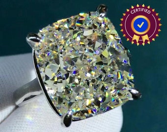 8 CTW K-M Faint Color Cushion Moissanite Ring 11x13mm 4 Claw Cathedral Basket Solitaire - 10K, 14K, 18K, White Gold, PT 950