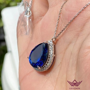 Pear Cut Blue Color Halo Basket VVS Lab Grown Sapphire Necklace
