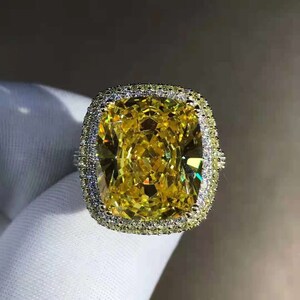 10 Carat Cushion Moissanite Ring Vivid Yellow VVS Two-tone Double Edge Halo Pave Wrap