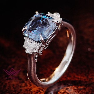 Blue Asscher Cut Three Stone Basket Moissanite Engagement Ring