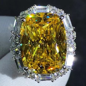 10 Carat Cushion Cut Moissanite Ring Deep Yellow VVS Halo Split Shank