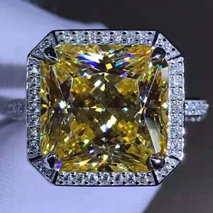 6 Carat Radiant Cut Moissanite Ring Vivid Yellow VVS Bead-set Double Edge Halo Pave Wrap