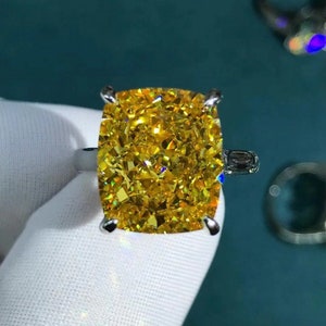 11 Carat Cushion Moissanite Ring Vivid Yellow VVS 4 Claw Cathedral Basket Solitaire