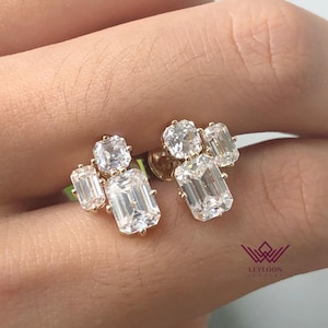 Emerald Cut & Asscher Cut Three Stone D Color Moissanite Earrings