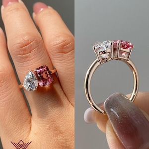 Two Stone Pear Cut D Color Radiant Cut Pink Basket VVS Lab Grown Sapphire Ring