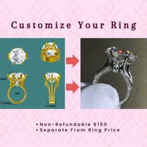 May include: A close-up of a silver engagement ring with a large, round, clear diamond. The ring has a detailed design with a smaller diamond on the side. The image shows different sizes of the ring band, with measurements in millimeters. The text "Non-Refundable $150. Separate From Ring Price" is also included.