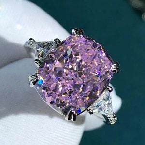 11 Carat Pink Cushion Cut Three Stone VVS Moissanite Ring