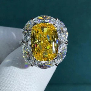 BIG 6 Carat Cushion Cut Moissanite Ring VVS Vivid Yellow